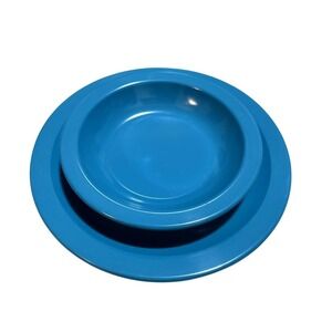 Texas Ware Teal Blue Melamine Dinner Plate and Bowl Set Vintage MCM 2 Piece